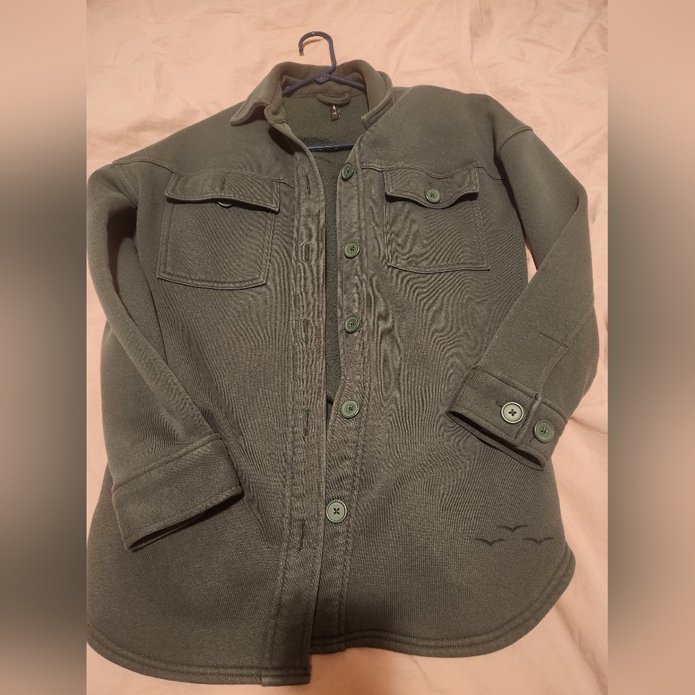 Button-Front Long Sleeve Shirt Jacket - Olive Green